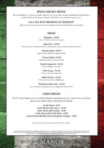 The Manor Pizza Night Menu