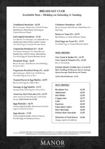 The Manor Breakfast Club Menu