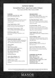 The Manor Sunday Lunch Menu